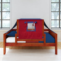 Red and blue kids' loft bed with play tent and wooden frame in bright bedroom.
