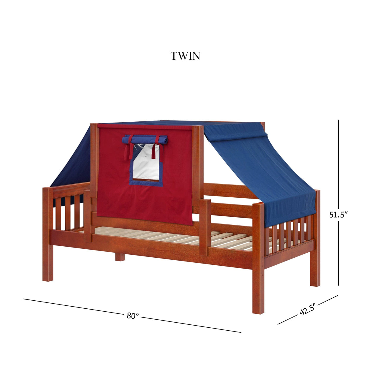 Twin size wooden bed frame with red and blue tent canopy, featuring precise measurements for versatile bedroom decor.