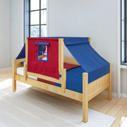 Children's wooden bed with blue and red play tent in a bright bedroom setting.