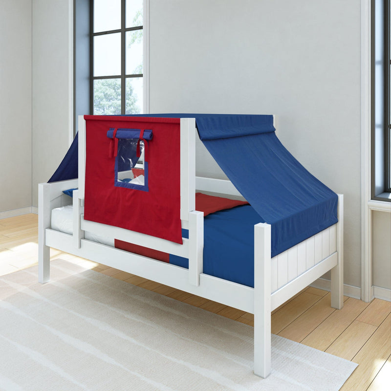 White wooden kids tent bed single with navy blue and red canopy and play-window, styled in a bright modern children's bedroom on hardwood floors