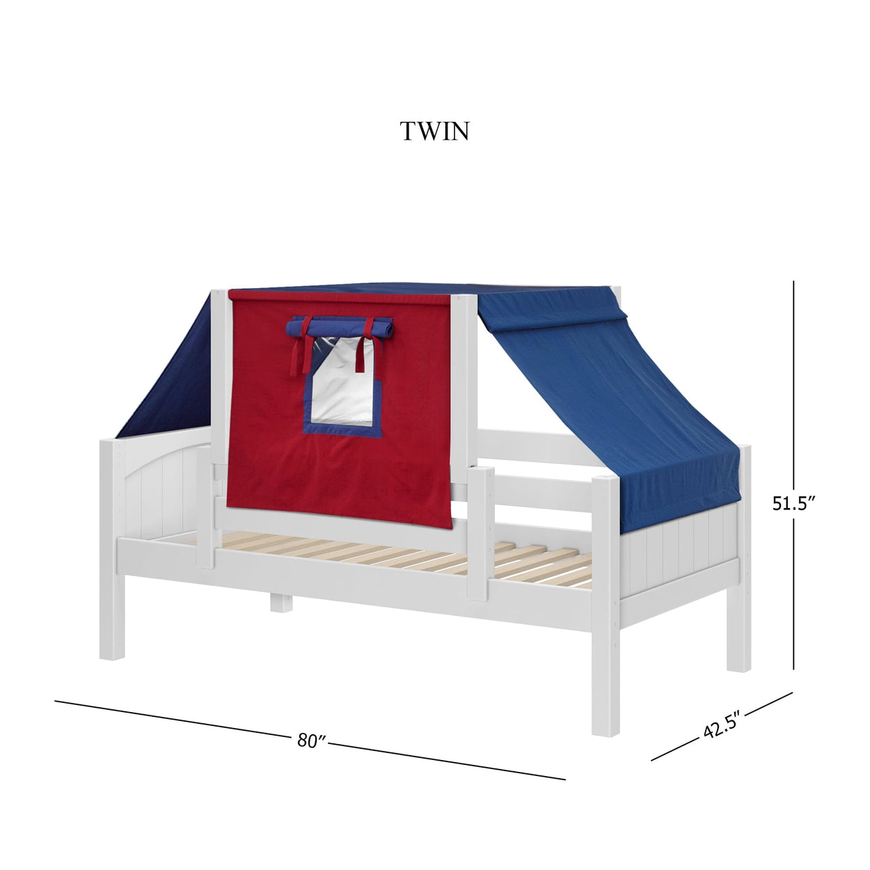 Twin-sized white wooden bed with red and blue canopy, featuring precise dimensions, ideal for kids' rooms.