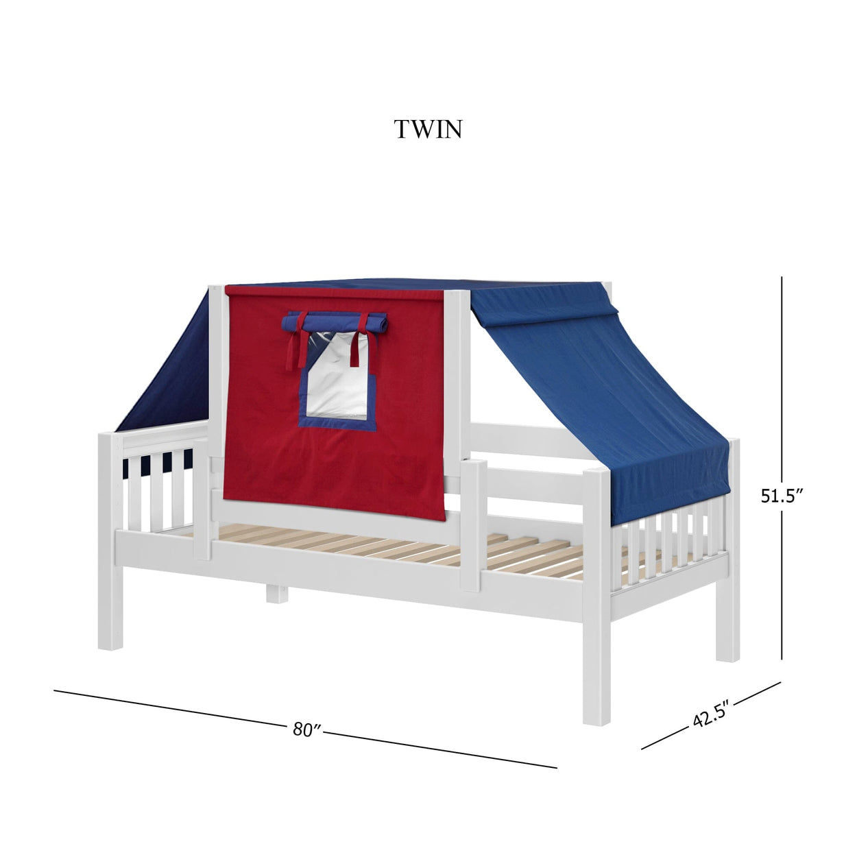 Twin bed with blue and red playhouse tent, measurements 80 by 42.5 by 51.5 inches.