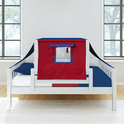 Children's white bed with blue bedding and red play tent in bright room.