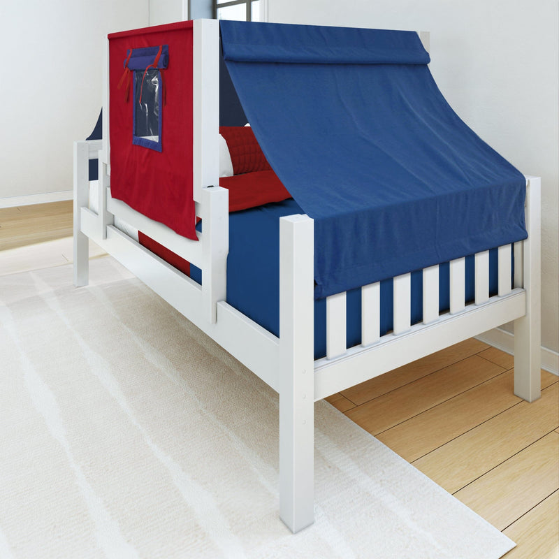 White wooden children's single bed with navy tent canopy and red side panel, blue bedding on light rug in modern kids' bedroom