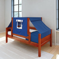 Wooden loft bed with blue tent cover and window, perfect for kids' bedroom decor.