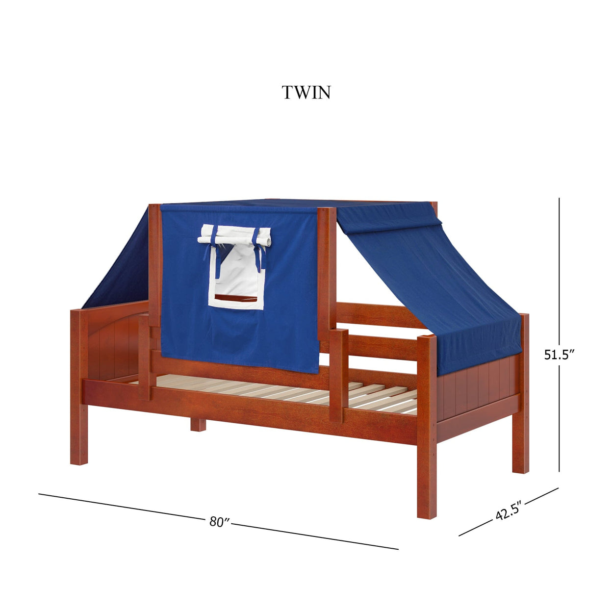 Wooden twin bed frame with blue tent canopy and dimensional measurements displayed.