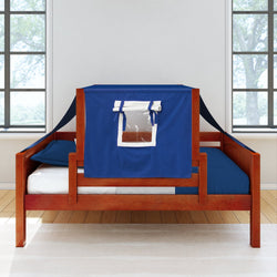 Wooden loft bed with blue tent and window in a bright room.