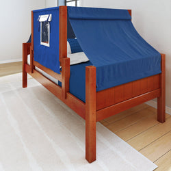 Wooden twin bed with a blue tent canopy in a modern bedroom.