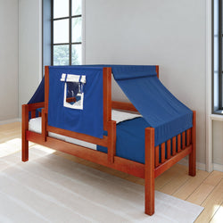 Children's wooden loft bed with blue tent canopy in modern bedroom setting.