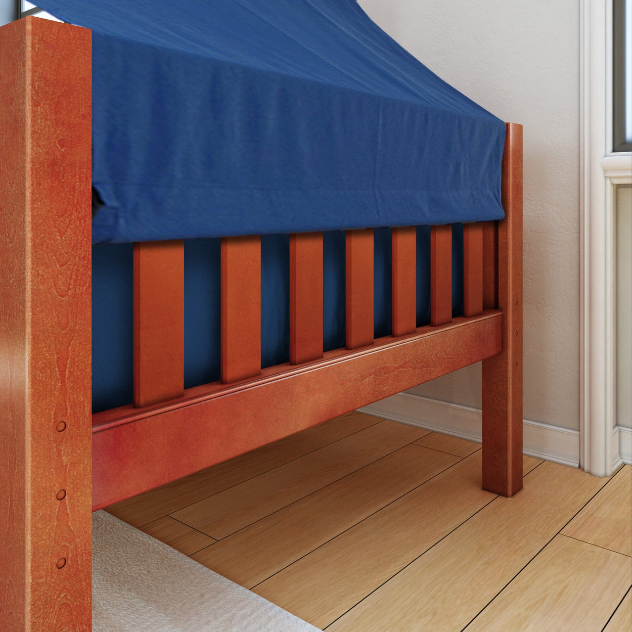 Wooden bunk bed with blue tent cover, ideal for kids' bedroom decor.