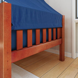 Wooden bunk bed with blue tent cover, ideal for kids' bedroom decor.