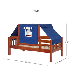 Wooden twin bed with blue tent canopy and dimensions displayed
