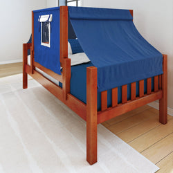 Wooden loft bed with blue tent canopy and storage pocket for kids' room.