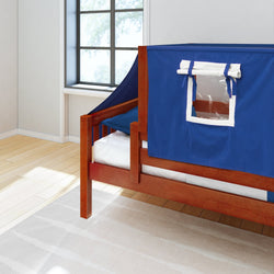 Wooden bed with blue tent canopy in bright bedroom.