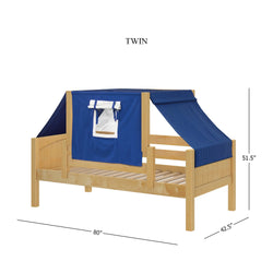 Wooden twin bed frame with blue tent canopy and dimensions.