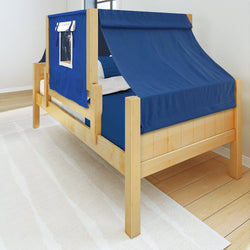 Wooden children's bed with blue tent canopy and attached fabric window, featuring a cozy design for kids' bedrooms.