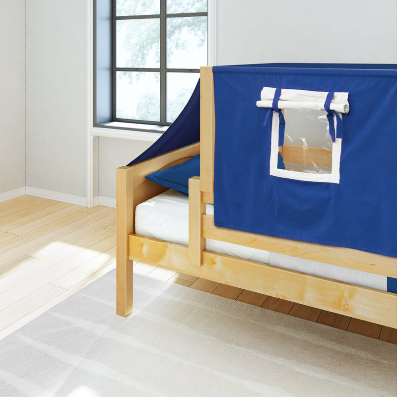 Blue bed tent with roll-up window on light wooden toddler bed, white mattress and blue pillow in children's bedroom