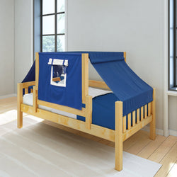 Wooden child's bed with blue tent-style canopy.