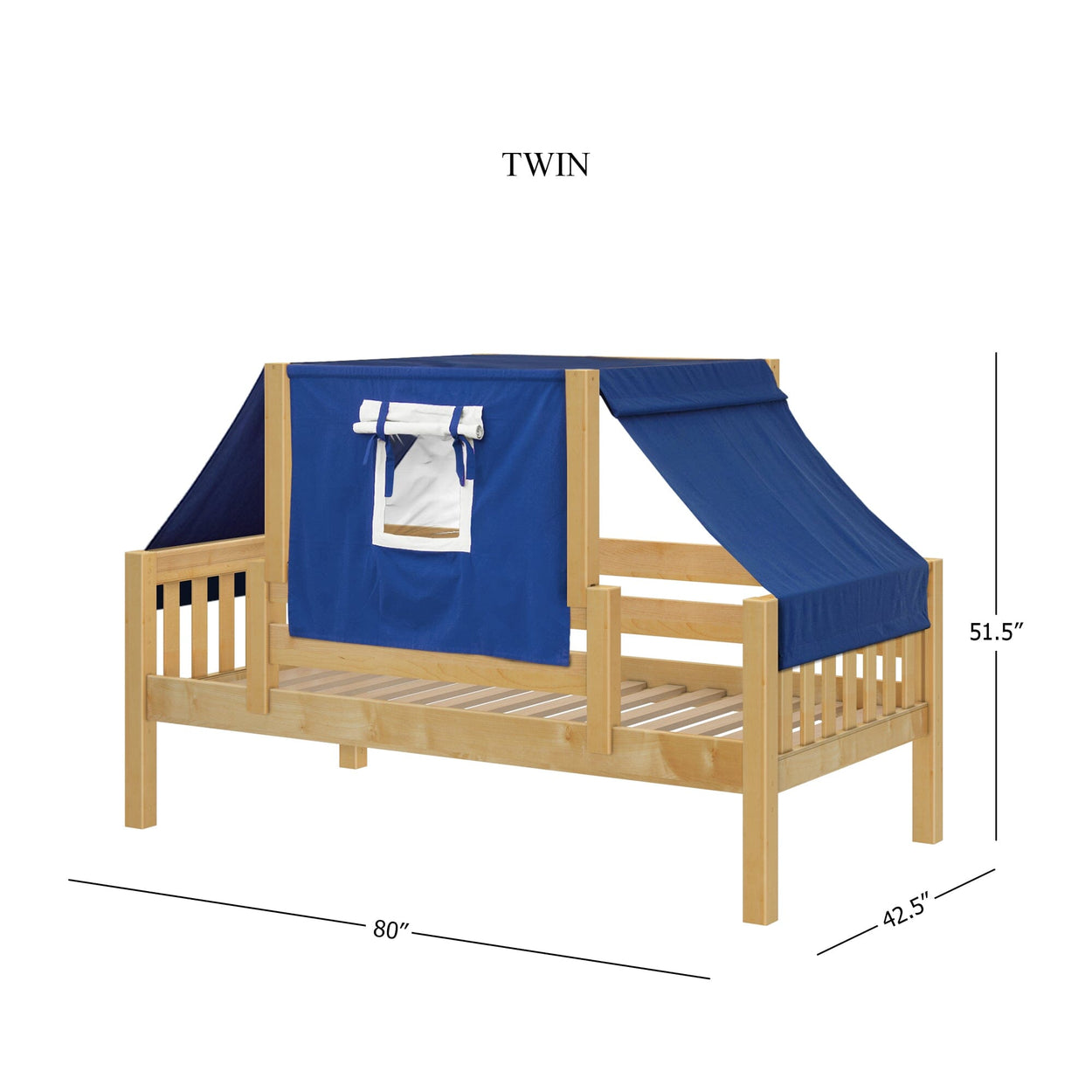Twin wooden canopy bed with blue tent, dimensions 80x42.5x51.5 inches, ideal for kids' room décor.