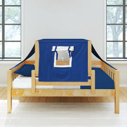 Wooden bed with blue tent-style canopy and window, in a bright room with large windows, suitable for kids' playful bedroom decor.