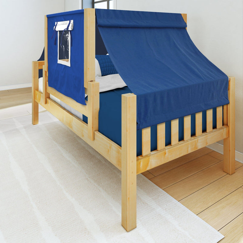 Natural pine twin kids bed with navy blue tent canopy and window flap, wooden play bed with mattress and bedding in modern bedroom