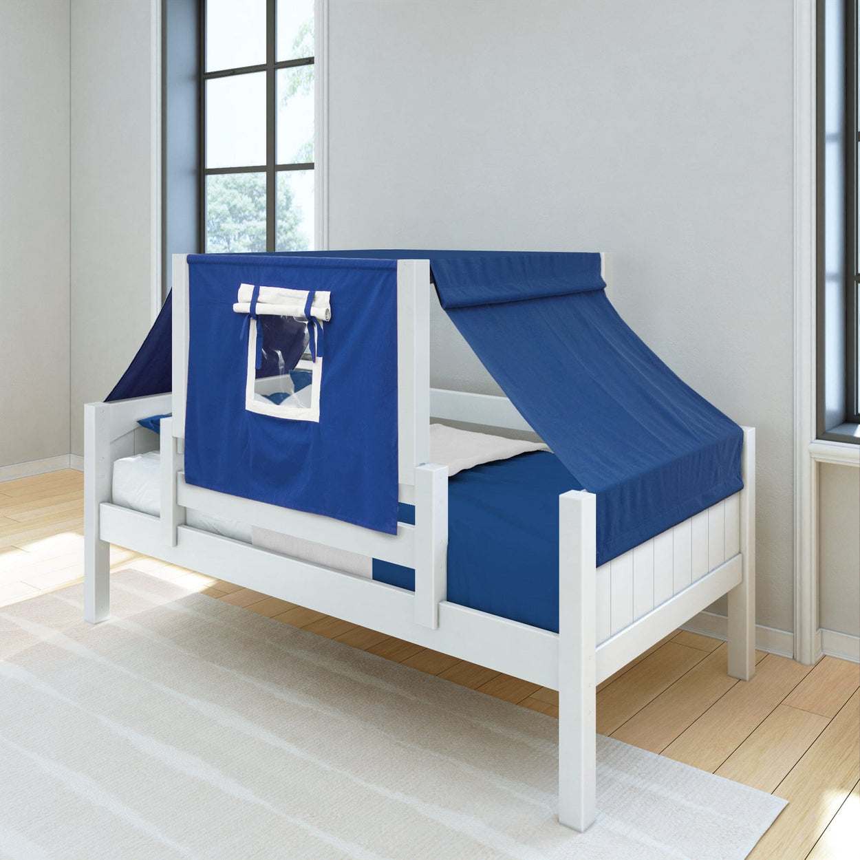 White children's loft bed with blue tent canopy in modern bedroom setting.