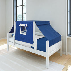 White children's loft bed with blue tent canopy in modern bedroom setting.