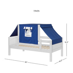 Twin-size white wooden bed frame with blue fabric canopy, featuring roll-up window cover and measurements (80" length, 42.5" width, 51.5" height), ideal for children's bedrooms.