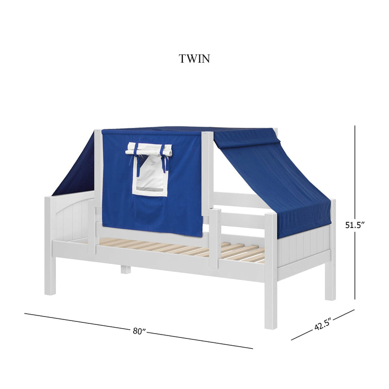Twin white wooden children's bed with navy blue playhouse canopy and roll-up window, 80″ L × 42.5″ W × 51.5″ H