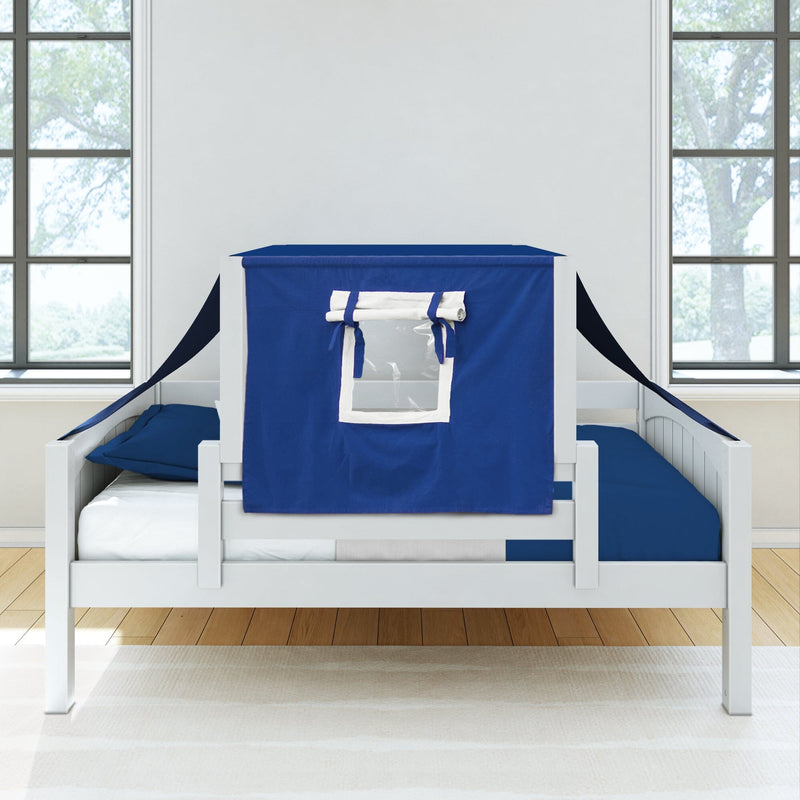 White kids bed with navy blue play-tent canopy and clear window panel, blue bedding and pillow in bright modern children's bedroom