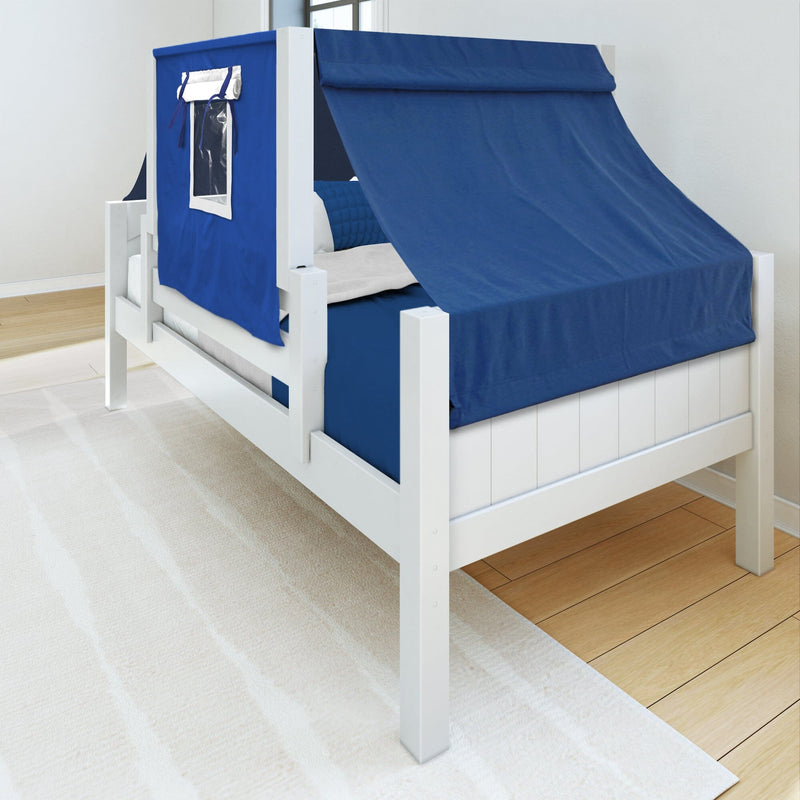 White wooden children's canopy bed with navy blue playhouse tent canopy and matching blue bedding in a modern bedroom