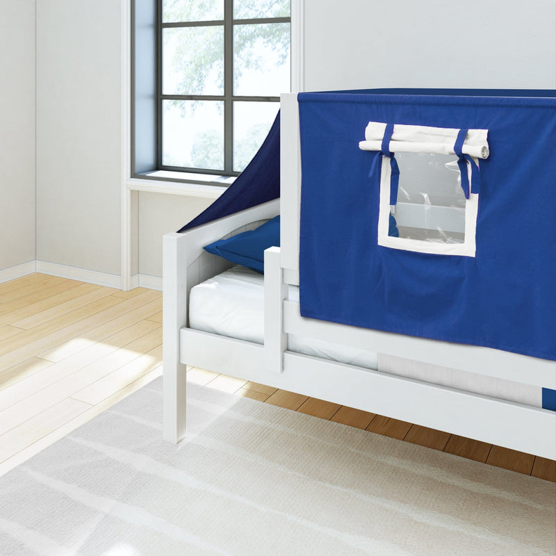 White wooden toddler bed with blue play-tent canopy and clear window panel in a bright modern children's bedroom with light wood floors