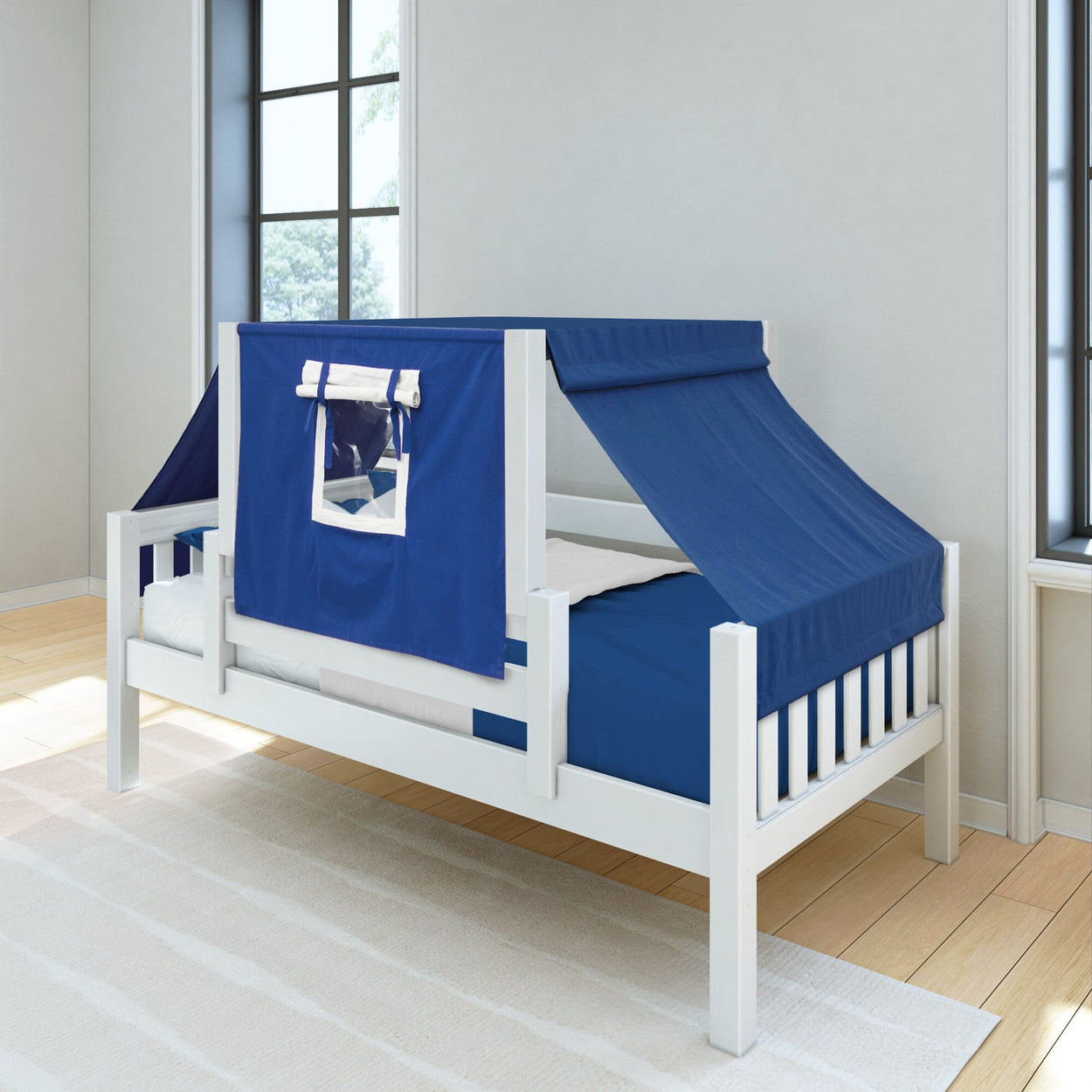 White and blue wooden kids loft bed with fabric tent canopy in bright bedroom.