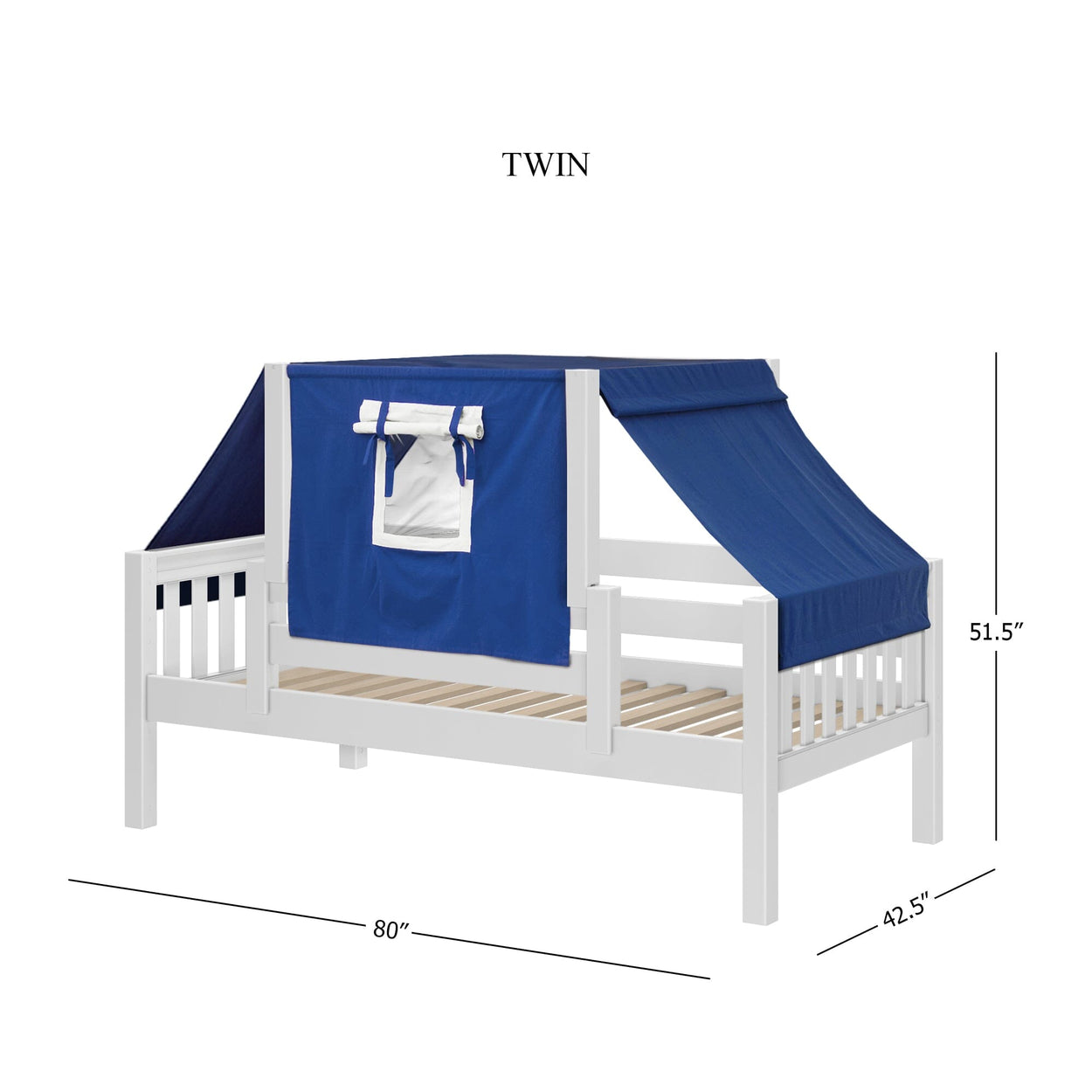 White twin-size loft bed with blue canopy tent and dimensions 80" x 42.5" x 51.5".