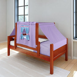 Wooden children's bed with purple tent canopy and blue curtains in a bright room.