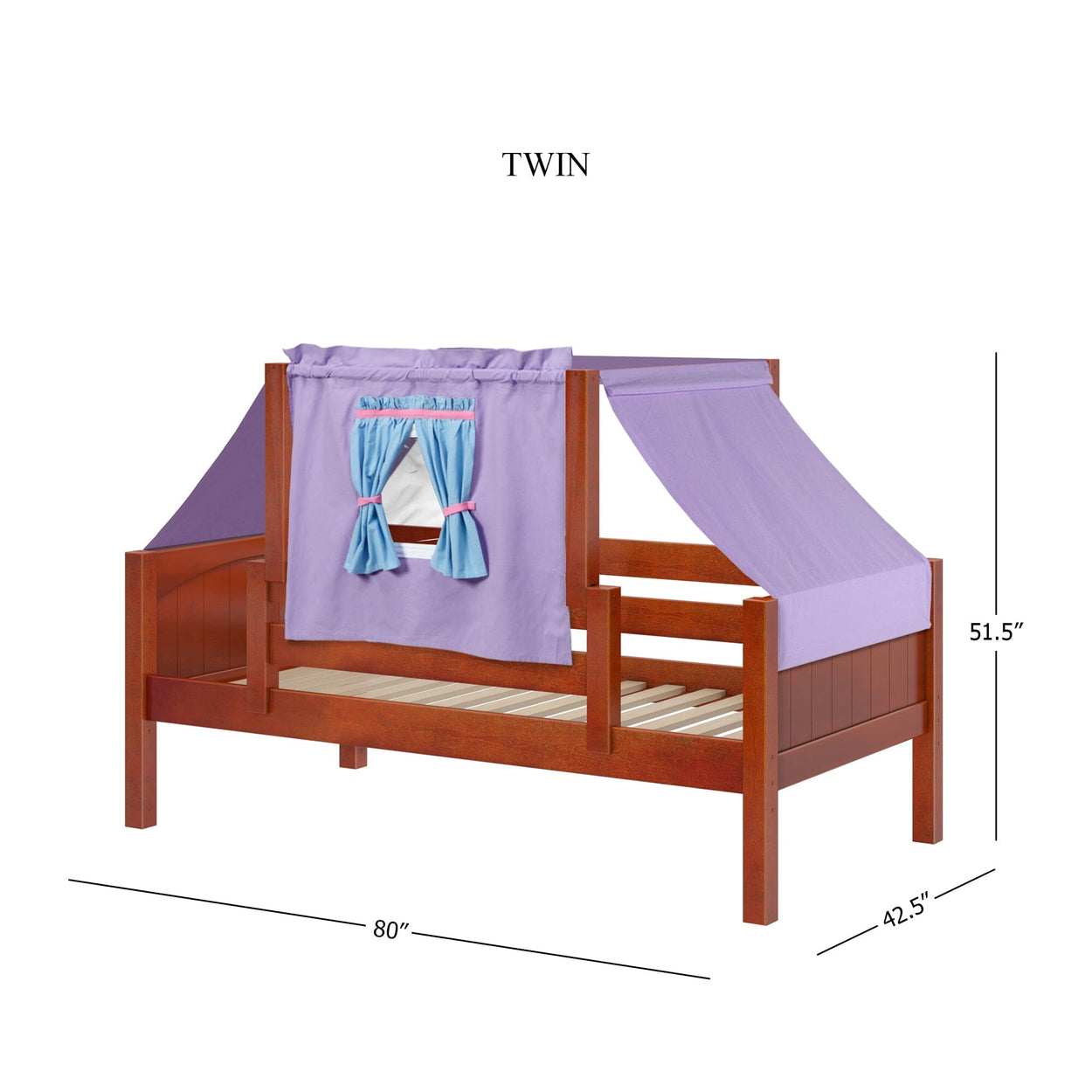 Twin wooden bed frame with purple playhouse canopy and dimensions shown.