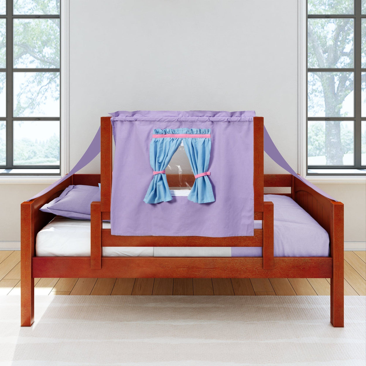 Purple play tent bed canopy with window design for kids.