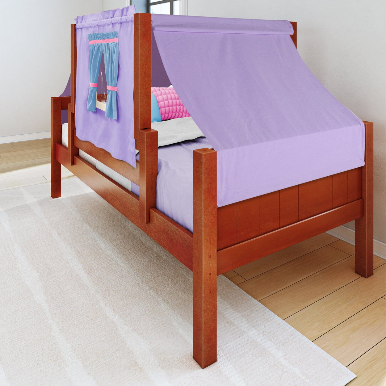 Loft bed with purple tent canopy for kids, featuring wood frame design and colorful pillows in a bright room.