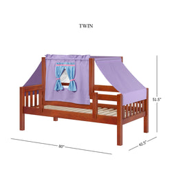 Wooden twin bed frame with purple canopy and blue window curtain, dimensions labeled.