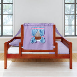 Wooden children's bed with a purple play tent and blue curtains in a bright bedroom.
