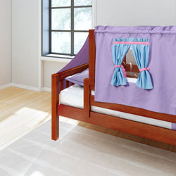 Child's wooden bed with purple and blue tent-like canopy near window, enhancing a playful bedroom space.