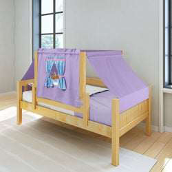 Wooden children's bed with purple tent-style canopy and blue window curtains in a bright room.