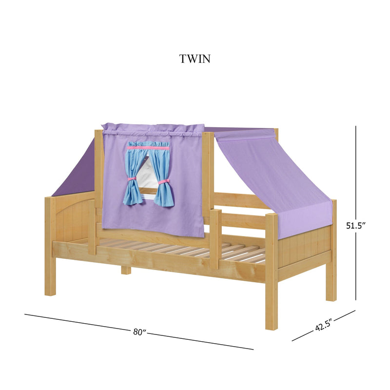 Twin kids wooden bed with natural pine finish, purple tent canopy and blue window curtains, slatted platform frame for children's bedroom, 80 in L x 42.5 in W x 51.5 in H