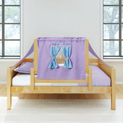 Wooden children's bed with purple and blue curtain tent canopy in a bright room with large windows.