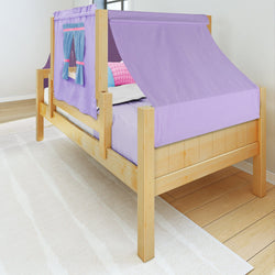 Kids wooden loft bed with purple play tent curtains on a cozy white carpet, ideal for a fun and functional children's bedroom.