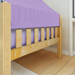 Wooden bed frame with purple canopy in a bright room.