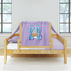 Children's wooden bed with purple canopy and blue curtains in bright bedroom.