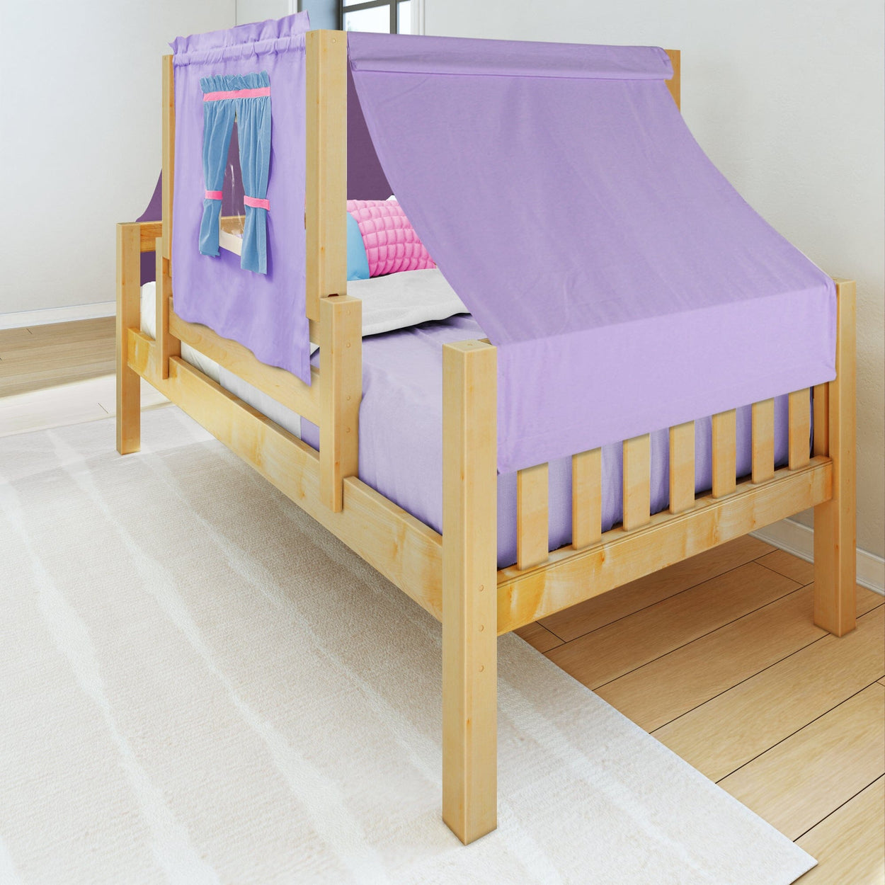 Wooden loft bed with purple tent and windows, perfect for kids' bedroom decor.