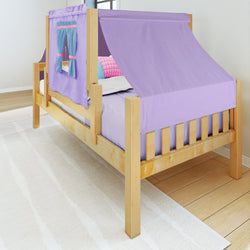 Wooden loft bed with purple tent and windows, perfect for kids' bedroom decor.