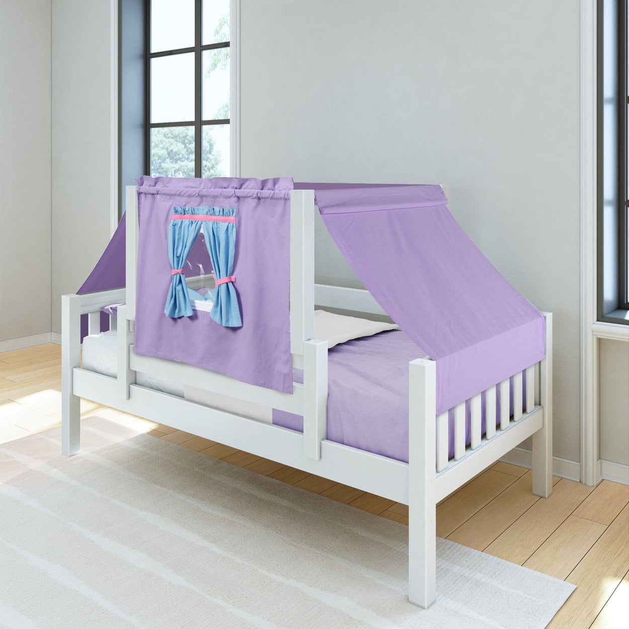 Children's bed with purple canopy tent and window design in a modern bedroom.